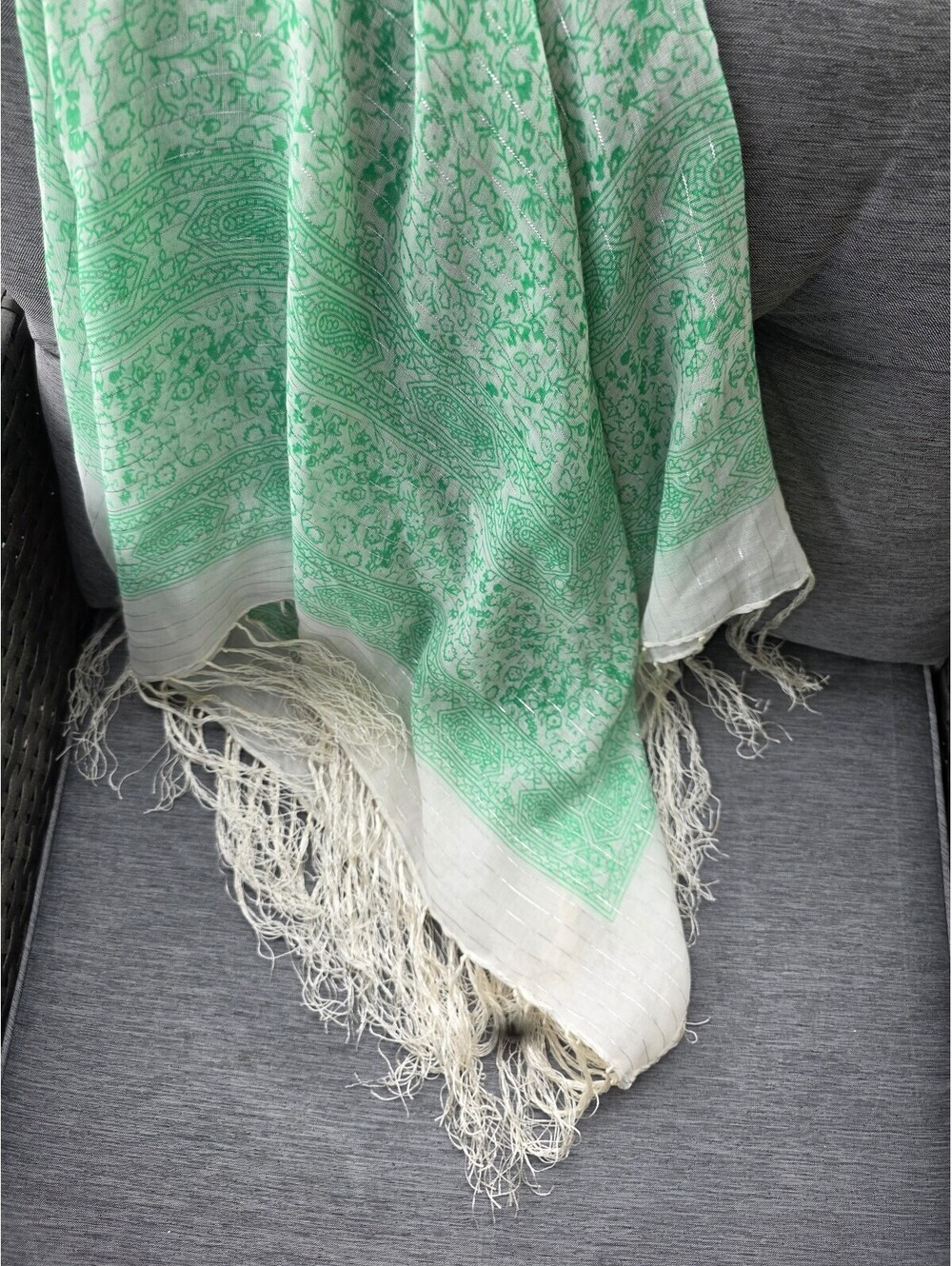 Light Green and White Floral Patterned Scarf with Fringe Edges